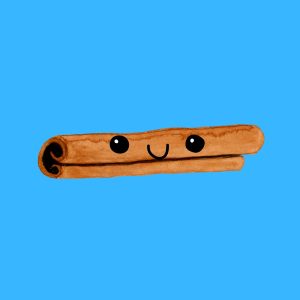 Cartoon graphic of a cinnamon stick with a smiley face on a blue background.