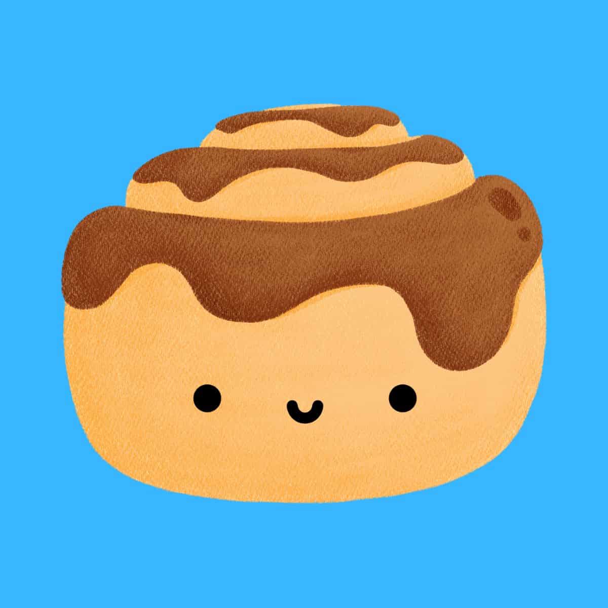 Cartoon graphic of a cinnamon bun with a smiley face blue background.