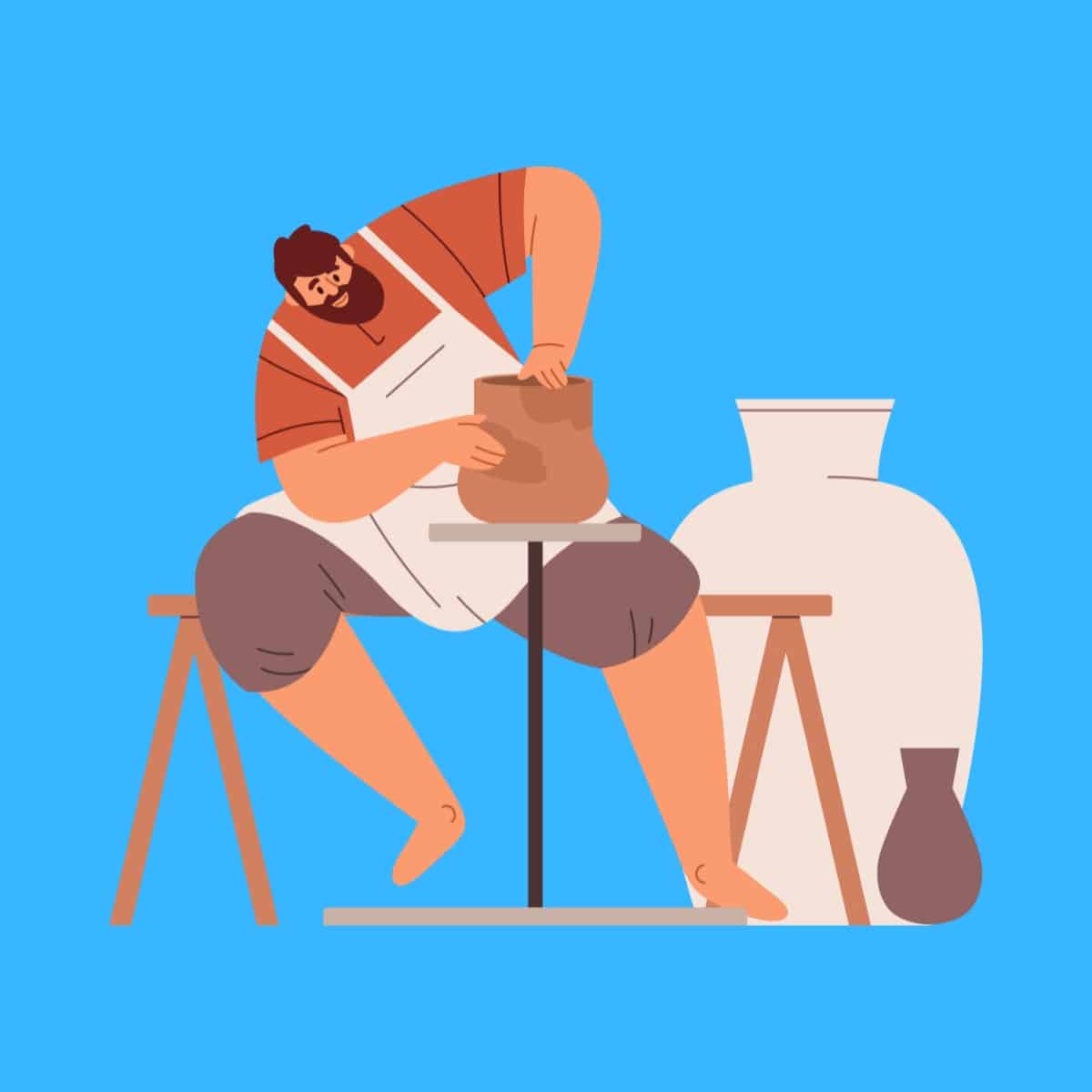 Cartoon graphic of a man on a stool making clay pots on a blue background.