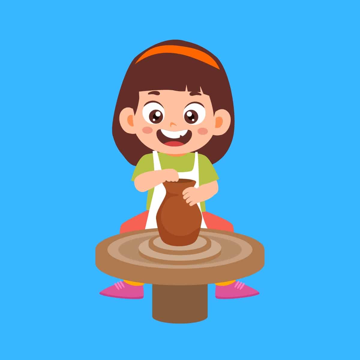 Cartoon graphic of a girl making a clay pot on a round table on a blue background.