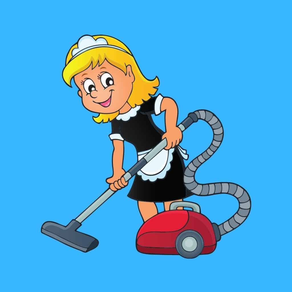 Cartoon graphic of a woman in a maid outfit with a vacuum cleaner on a blue background.