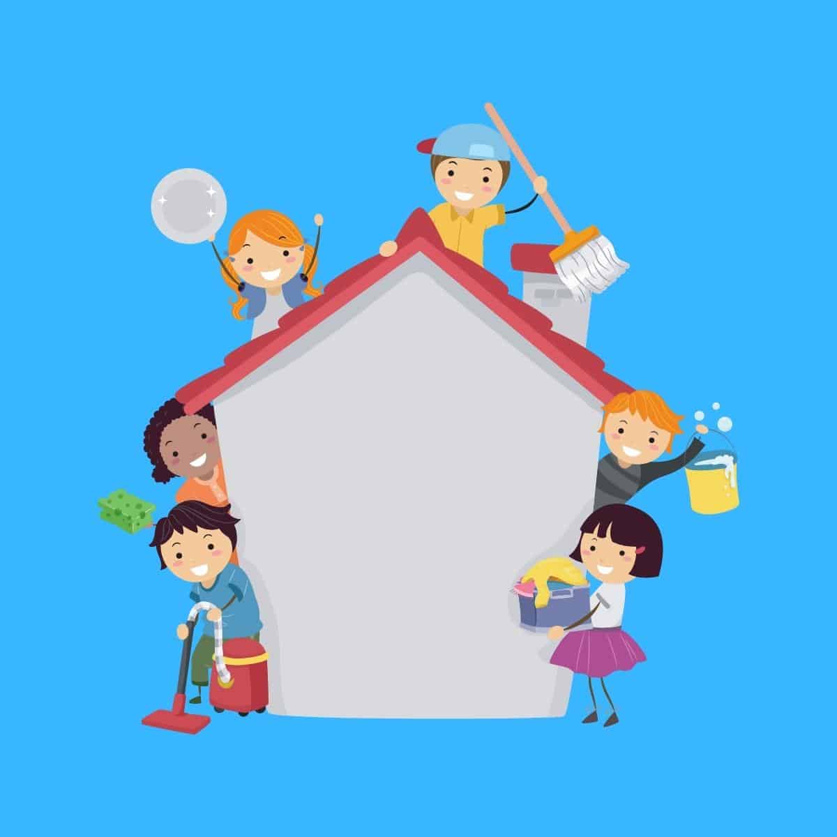 Cartoon graphic of a group of kids cleaning the outside of a house on a blue background.