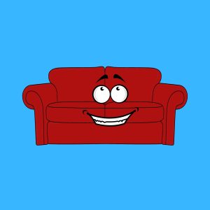 Cartoon graphic of a smiling couch on a blue background.