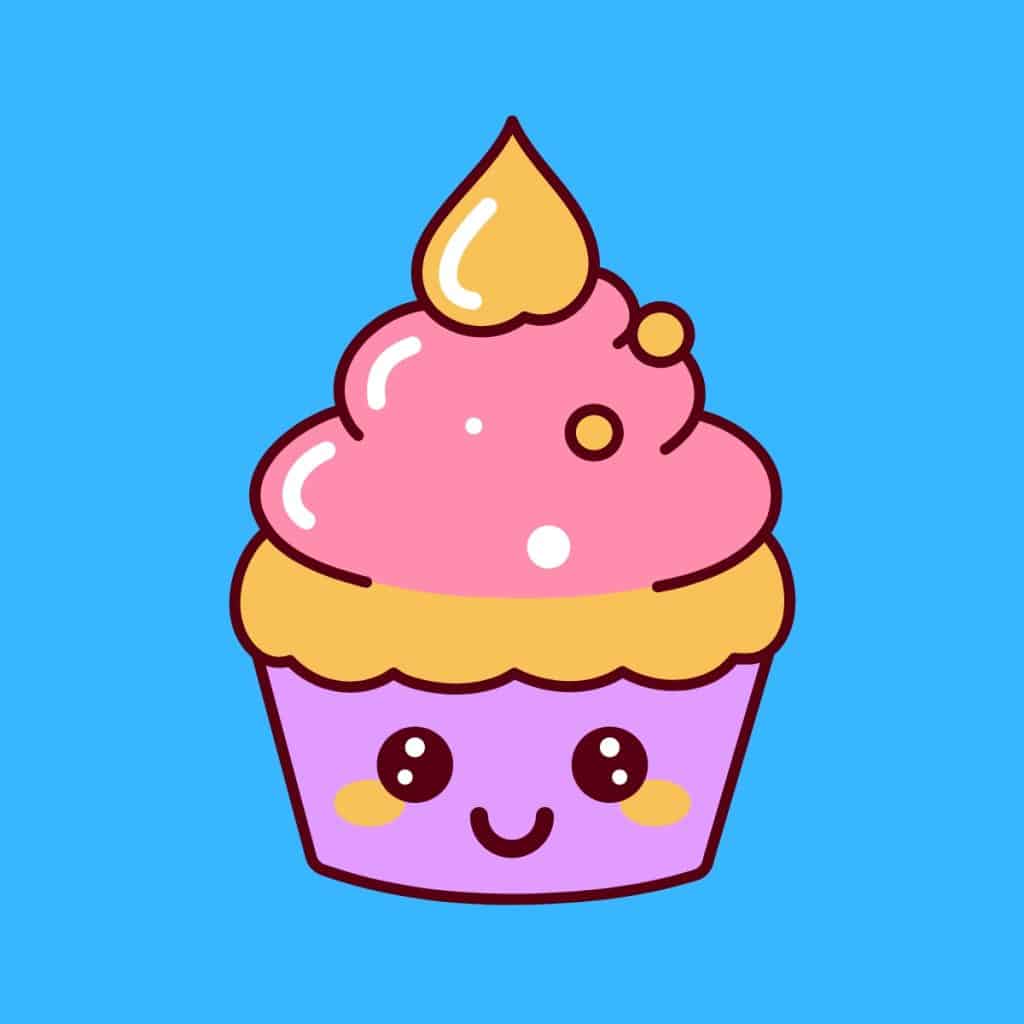 Cartoon graphic of a cute pink and purple smiling cupcake on a blue background.