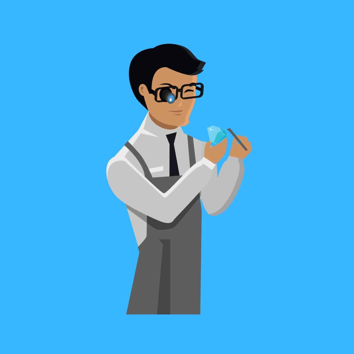 Cartoon graphic of a jeweler inspecting a diamond on a blue background.