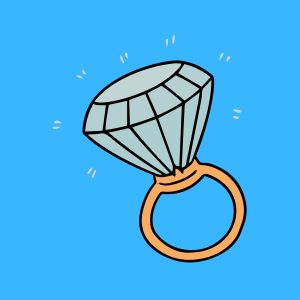 Cartoon graphic of a very large diamond ring on a blue background.