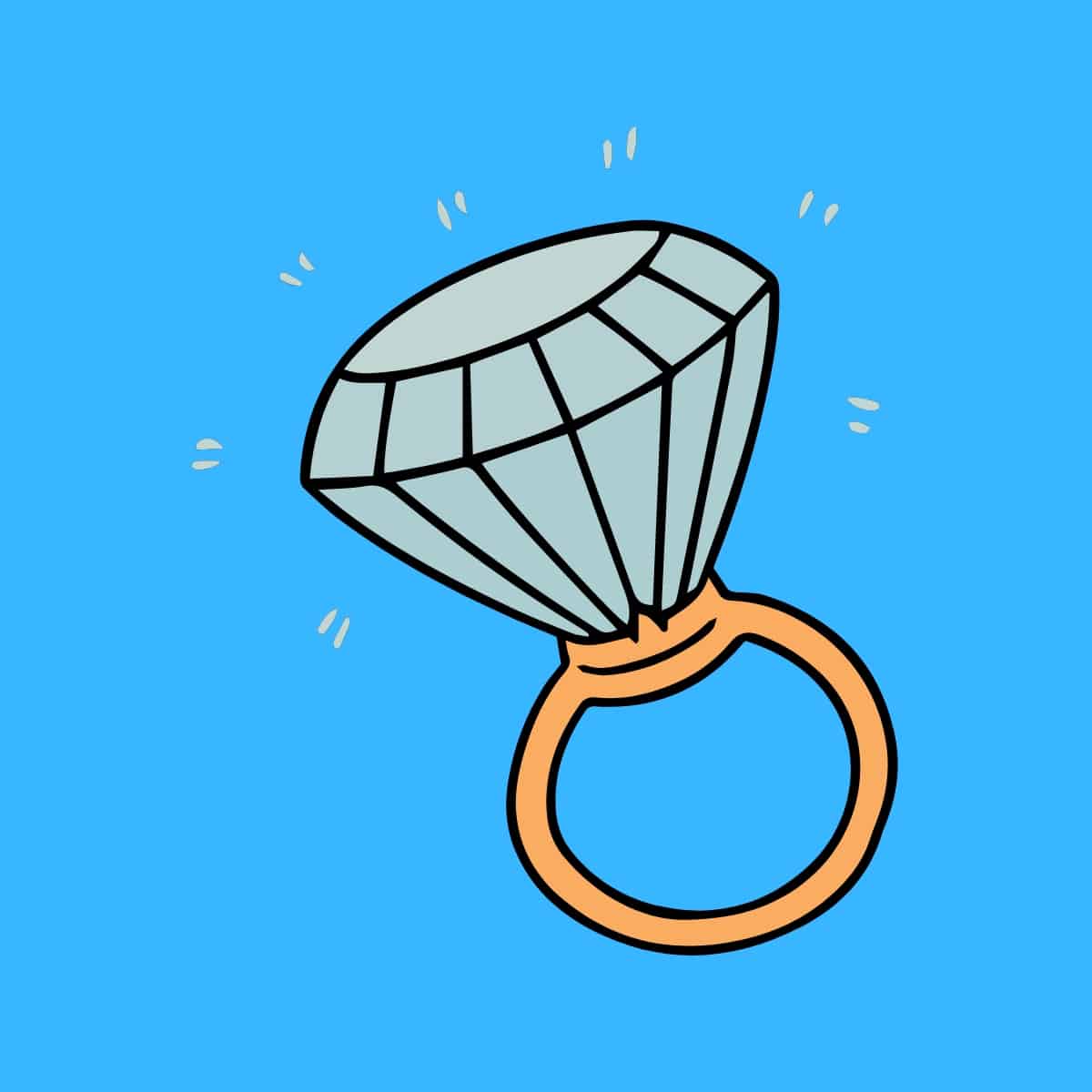 Cartoon graphic of a very large diamond ring on a blue background.