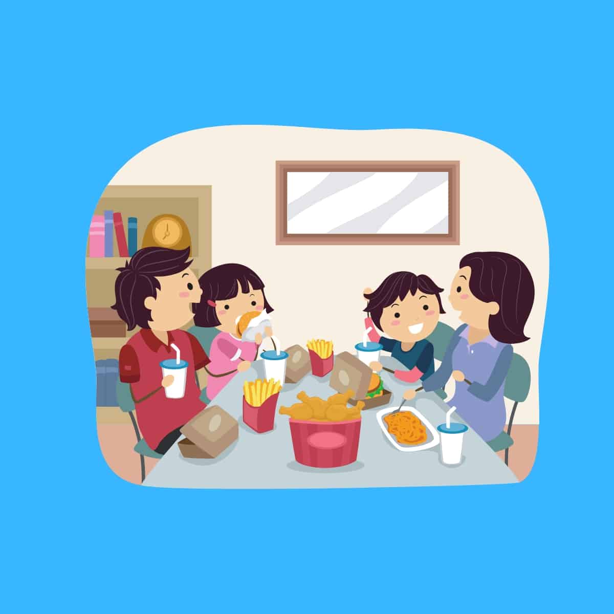 Cartoon graphic of a family eating dinner at the table on a blue background.