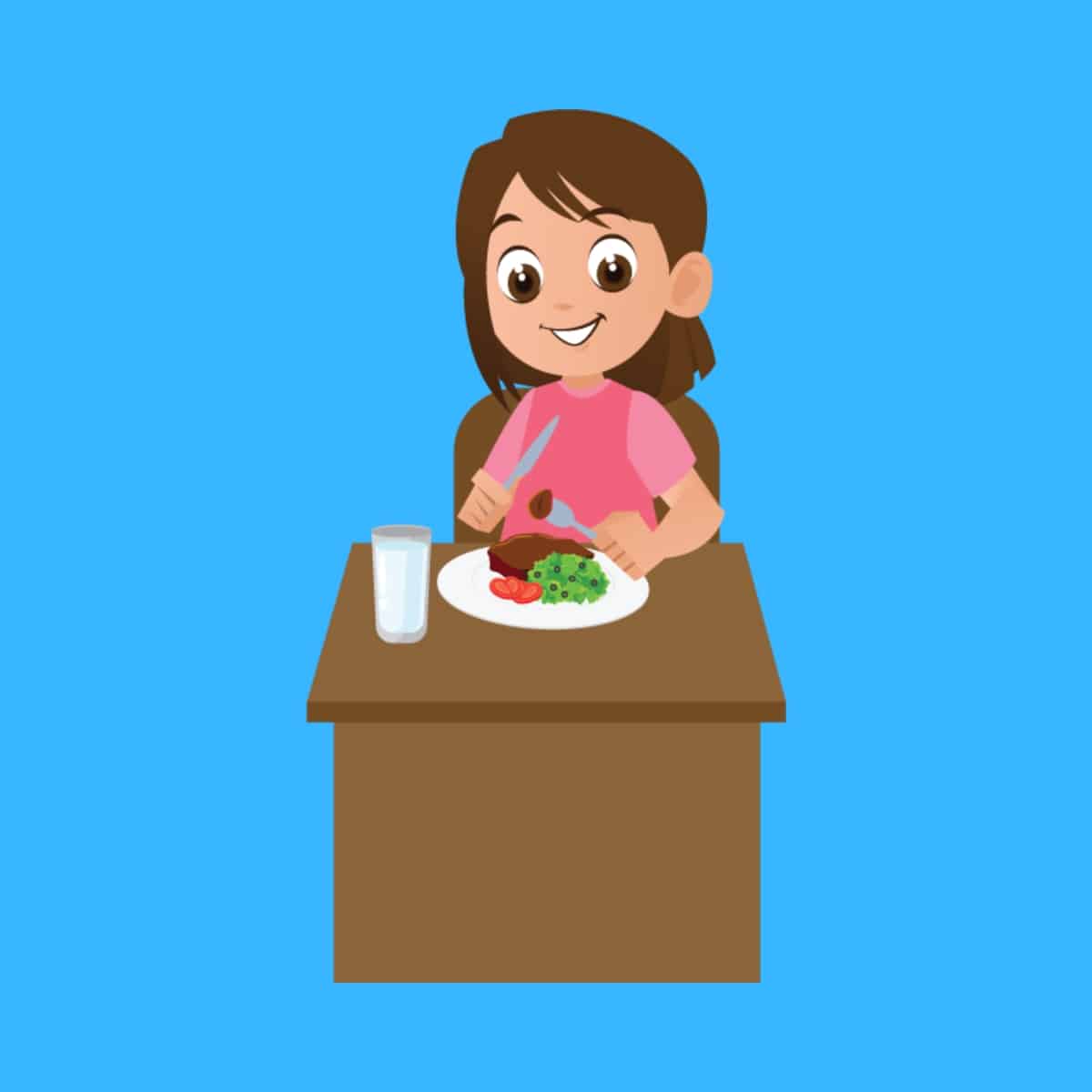 Cartoon graphic of a girl eating a steak dinner at a table on a blue background.