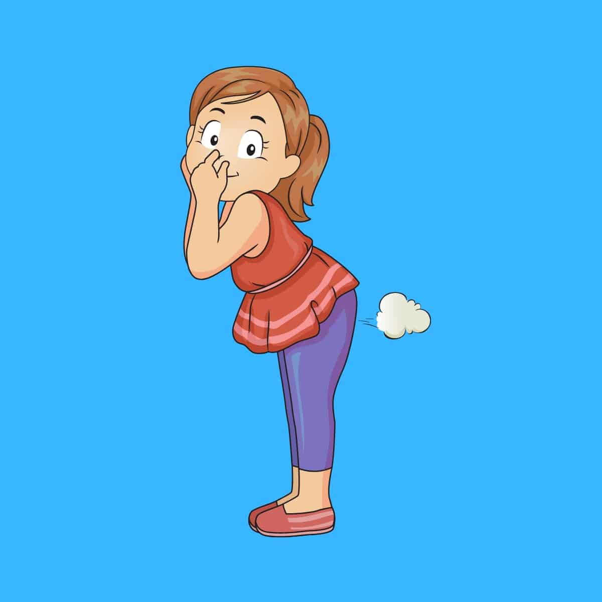 Cartoon graphic of a girl holding her nose while a little fart comes out behind her on a blue background.