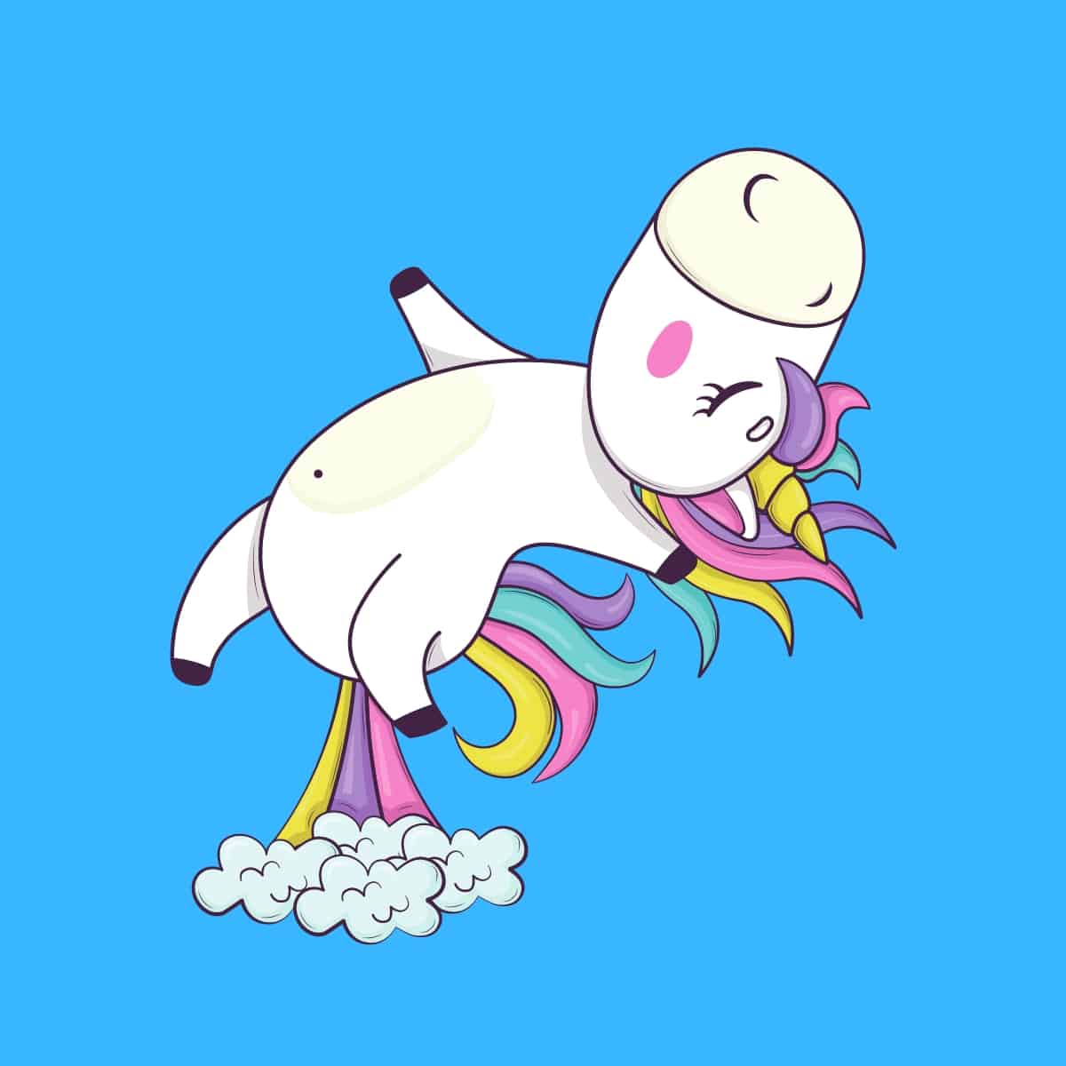 Cartoon graphic of a unicorn farting itself off the ground with a rainbow fart on a blue background.