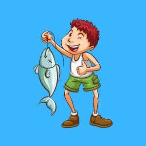 Cartoon graphic of a boy holding up a fish he caught by the line on a blue background.