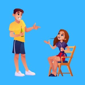 Cartoon graphic of a guy flirting with a girl who is sitting down on a blue background.