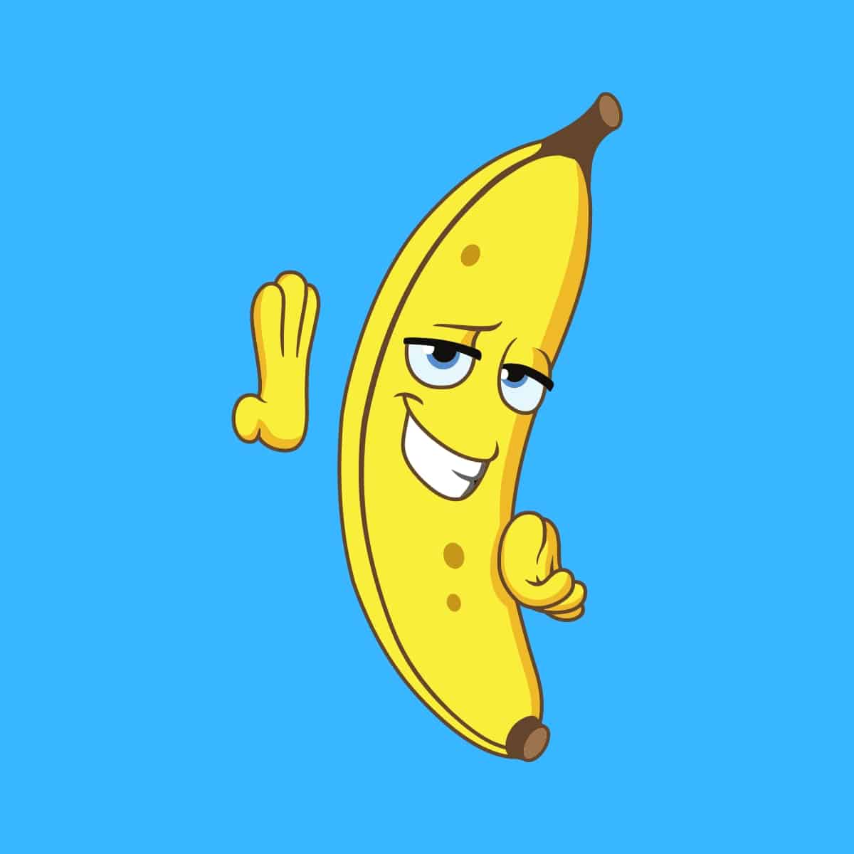 Cartoon graphic of a banana trying to flirt on a blue background.