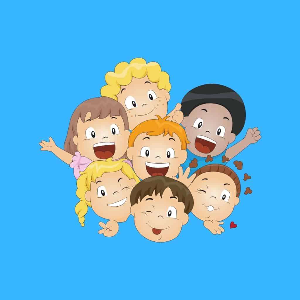Cartoon graphic of 7 smiling friends heads and hands smiling on a blue background.