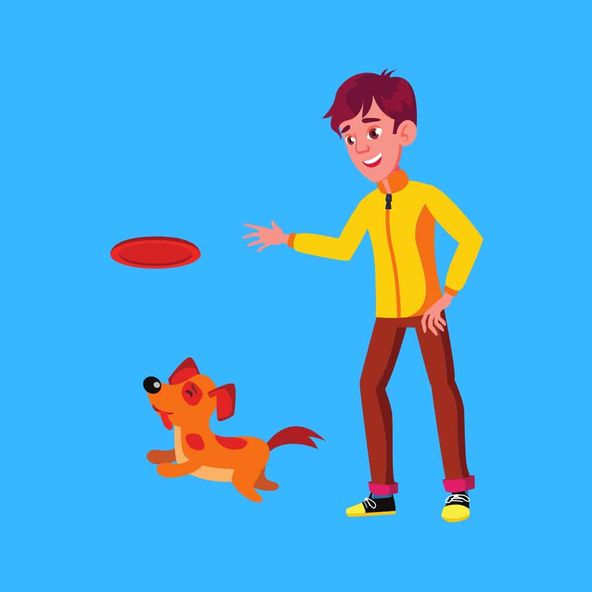 Cartoon graphic of a man throwing a red frisbee to his dog on a blue background.