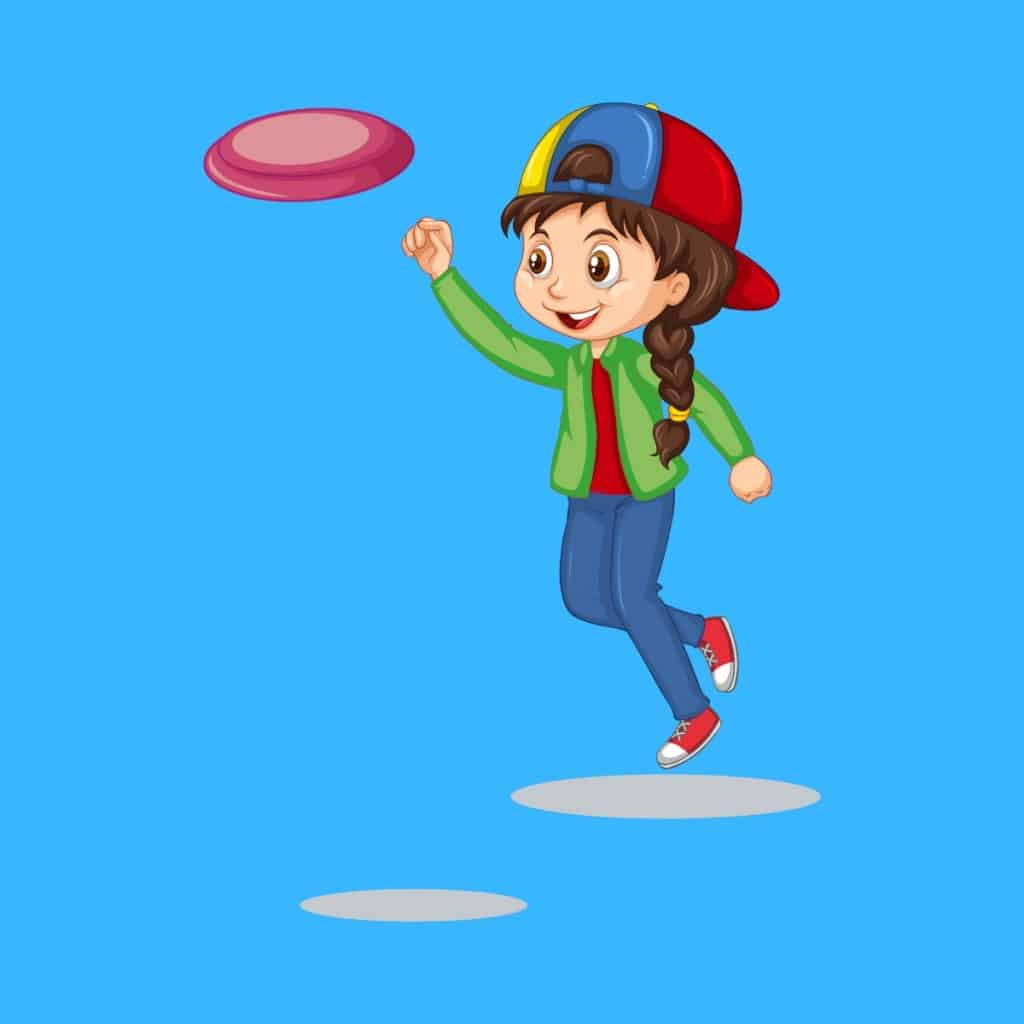 Cartoon graphic of a girl jumping to catch a frisbee on a blue background.