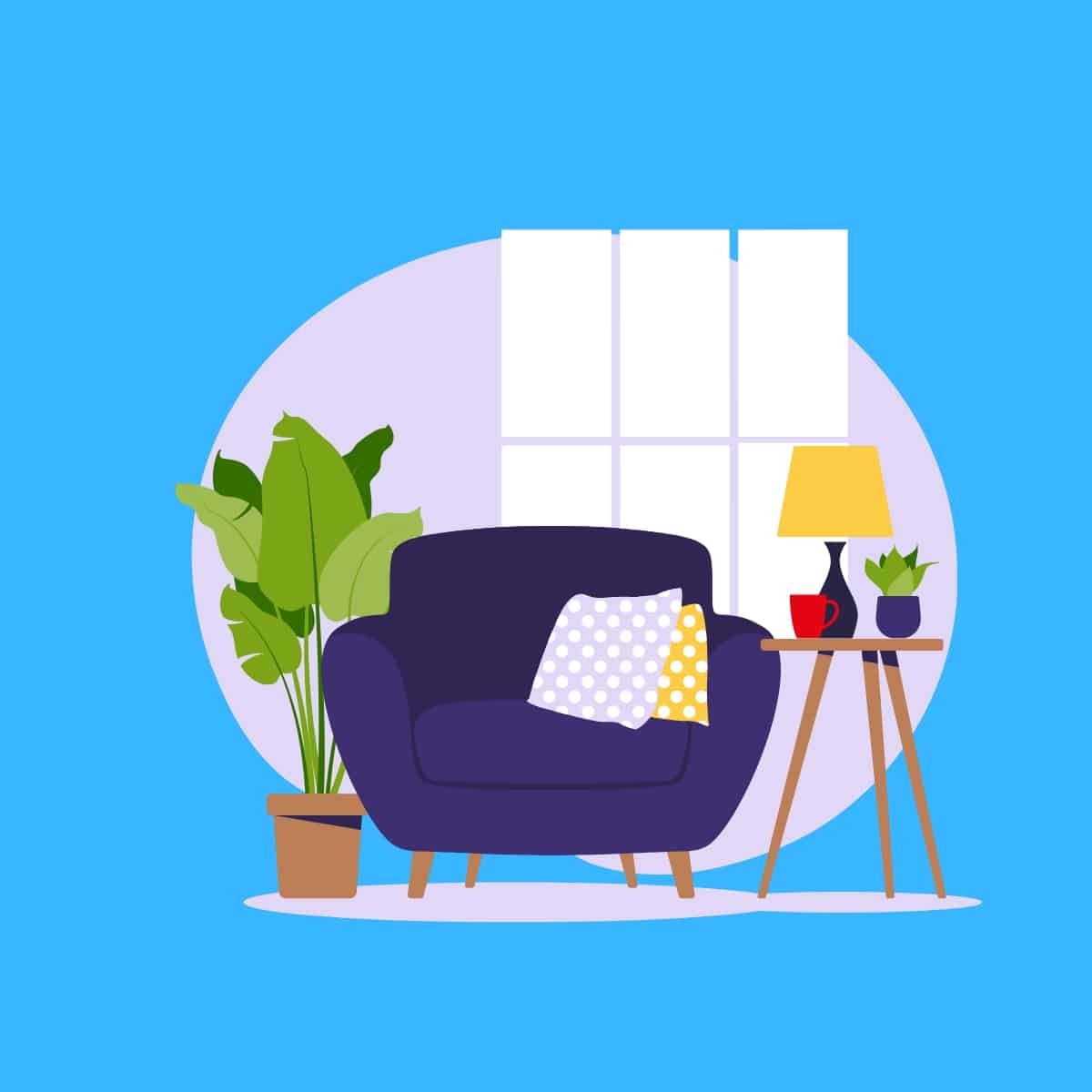 Cartoon graphic of furniture in a room by a window on a blue background.