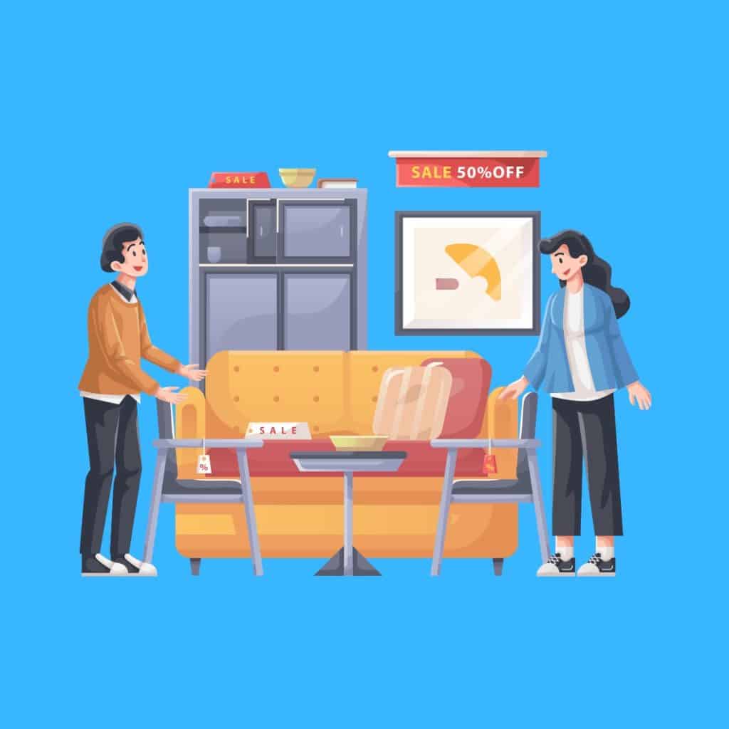 Cartoon graphic of a couple at a furniture store picking out what to buy on a blue background.
