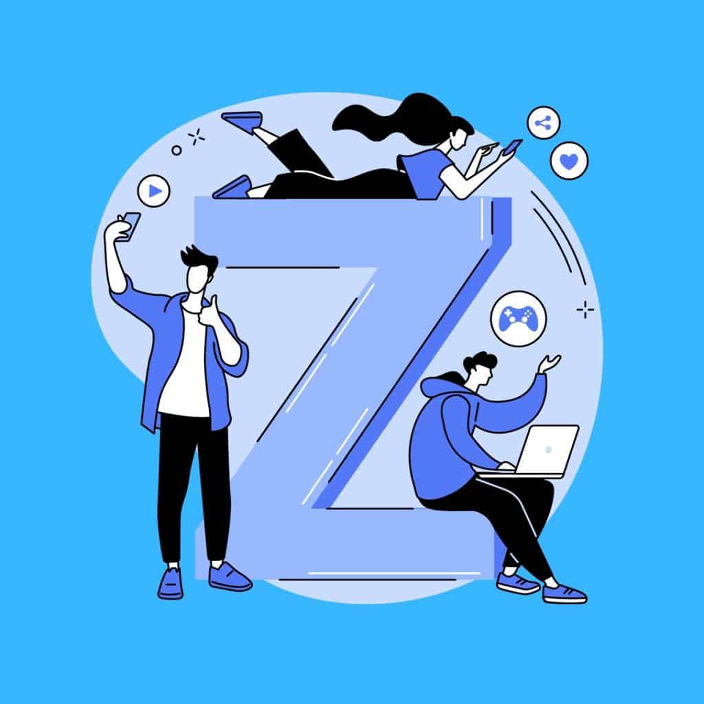 Cartoon graphic of a big blue letter Z with 3 Gen Z people on phones and laptops around it on a blue background.