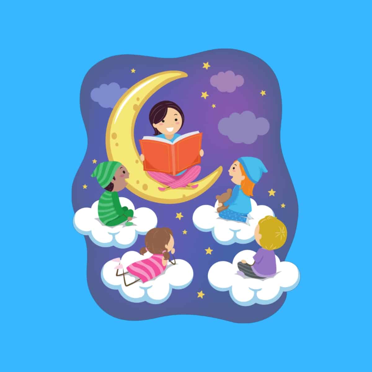 Cartoon graphic of a woman reading a good night book to 4 children sleeping on clouds on a blue background.