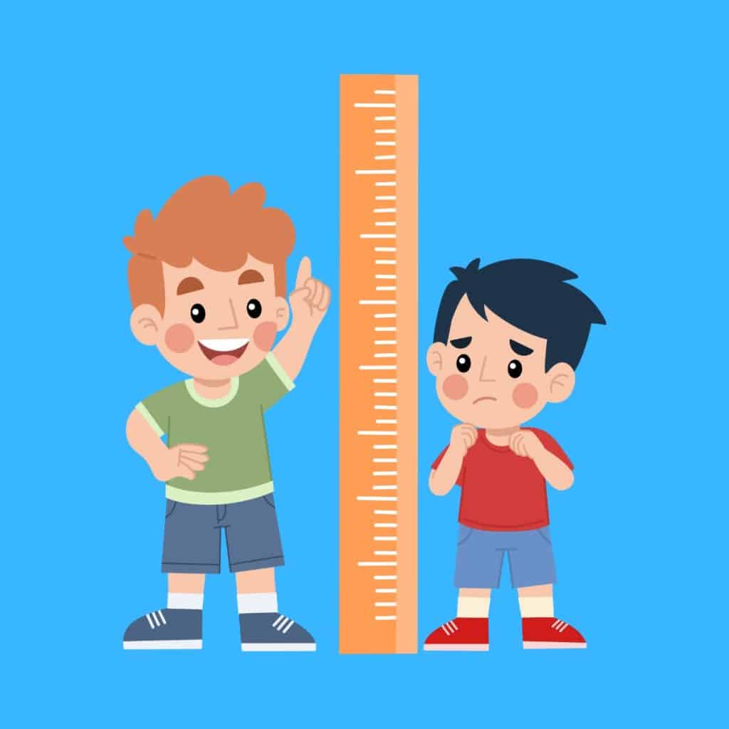 Cartoon graphic of two boys measuring their height using a large ruler on a blue background.
