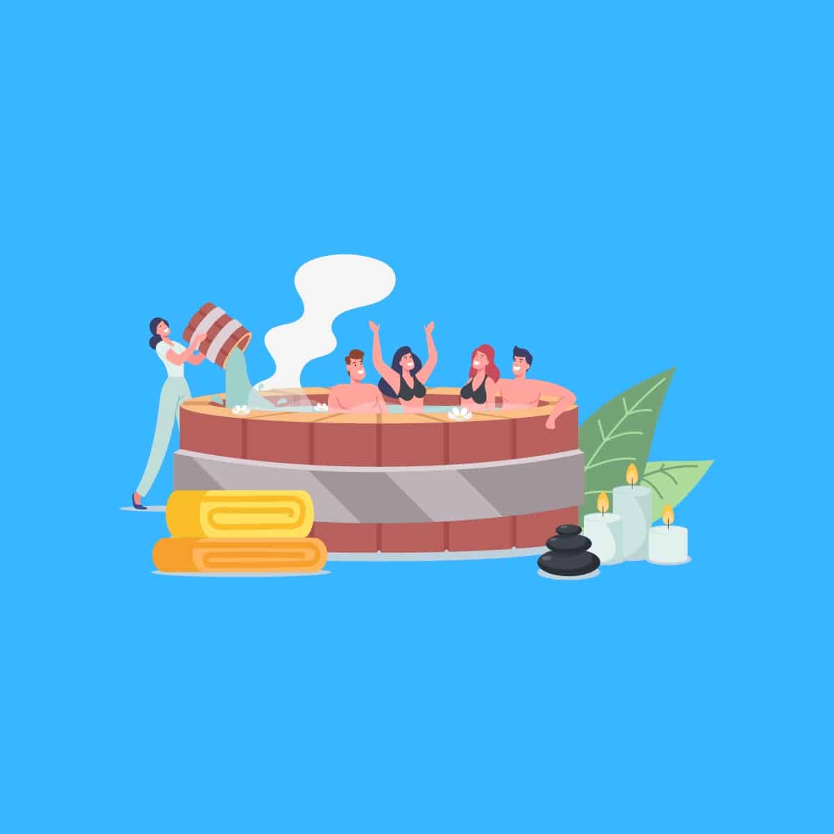 Cartoon graphic of a group of friends in a large hot tub on a blue background.