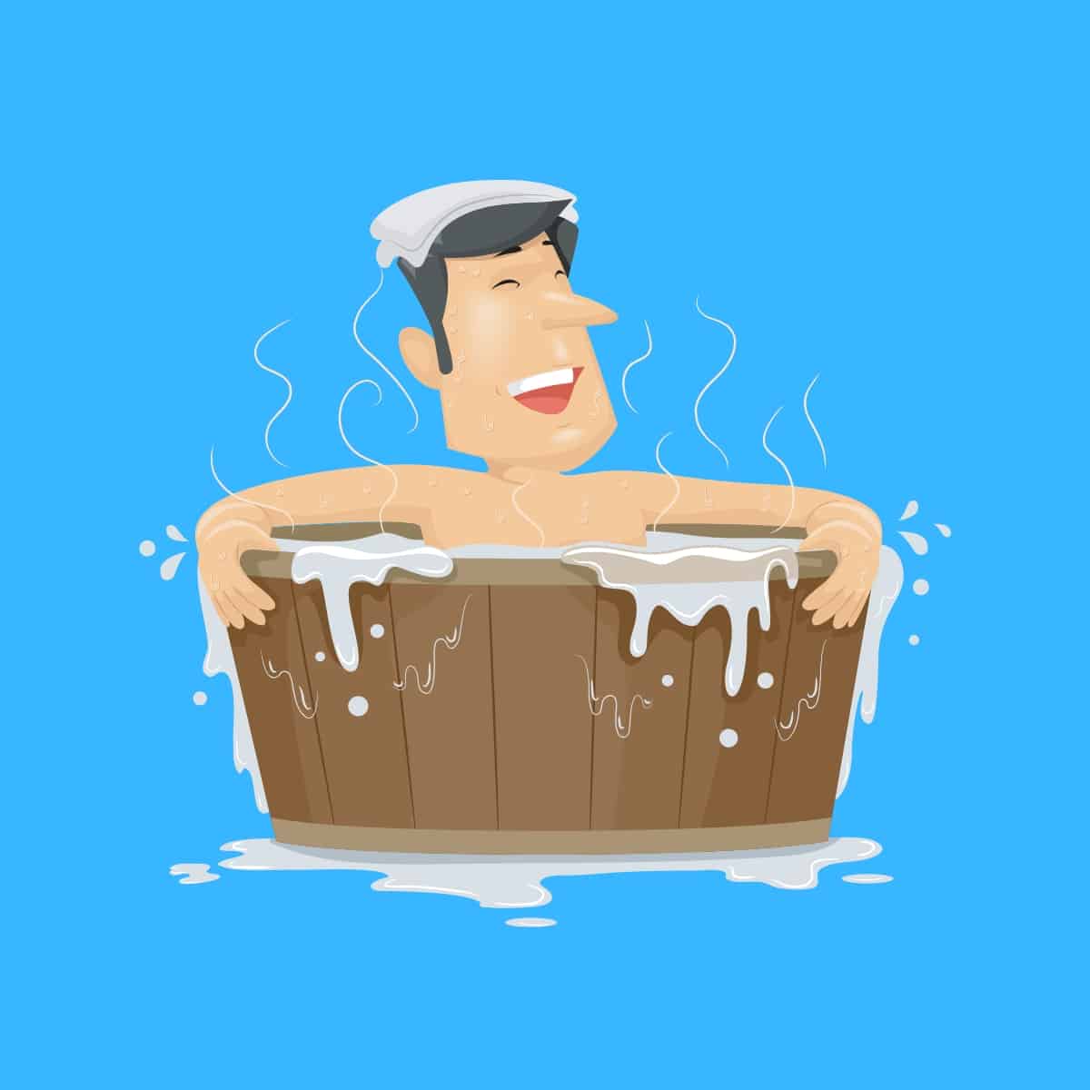 Cartoon graphic of a man in a steaming hot tub on a blue background.