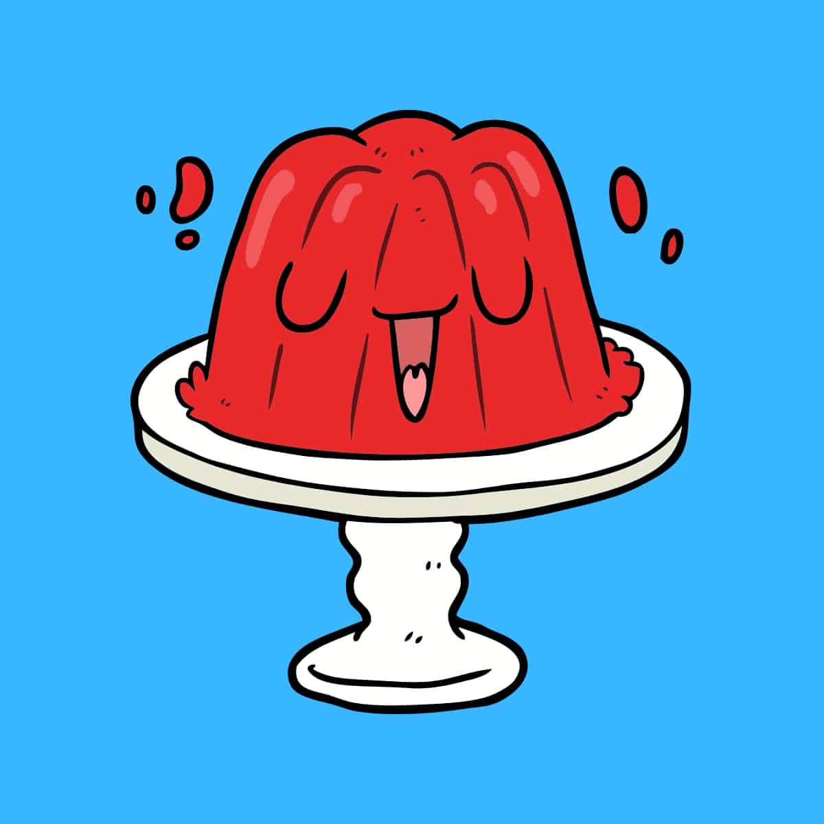 Cartoon graphic of red jelly smiling with eyes closed on a cake stand on a blue background.