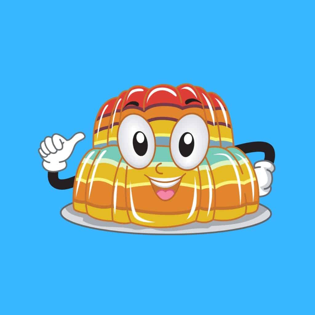 Cartoon graphic of multi-colored jelly smiling and pointing to itself on a blue background.