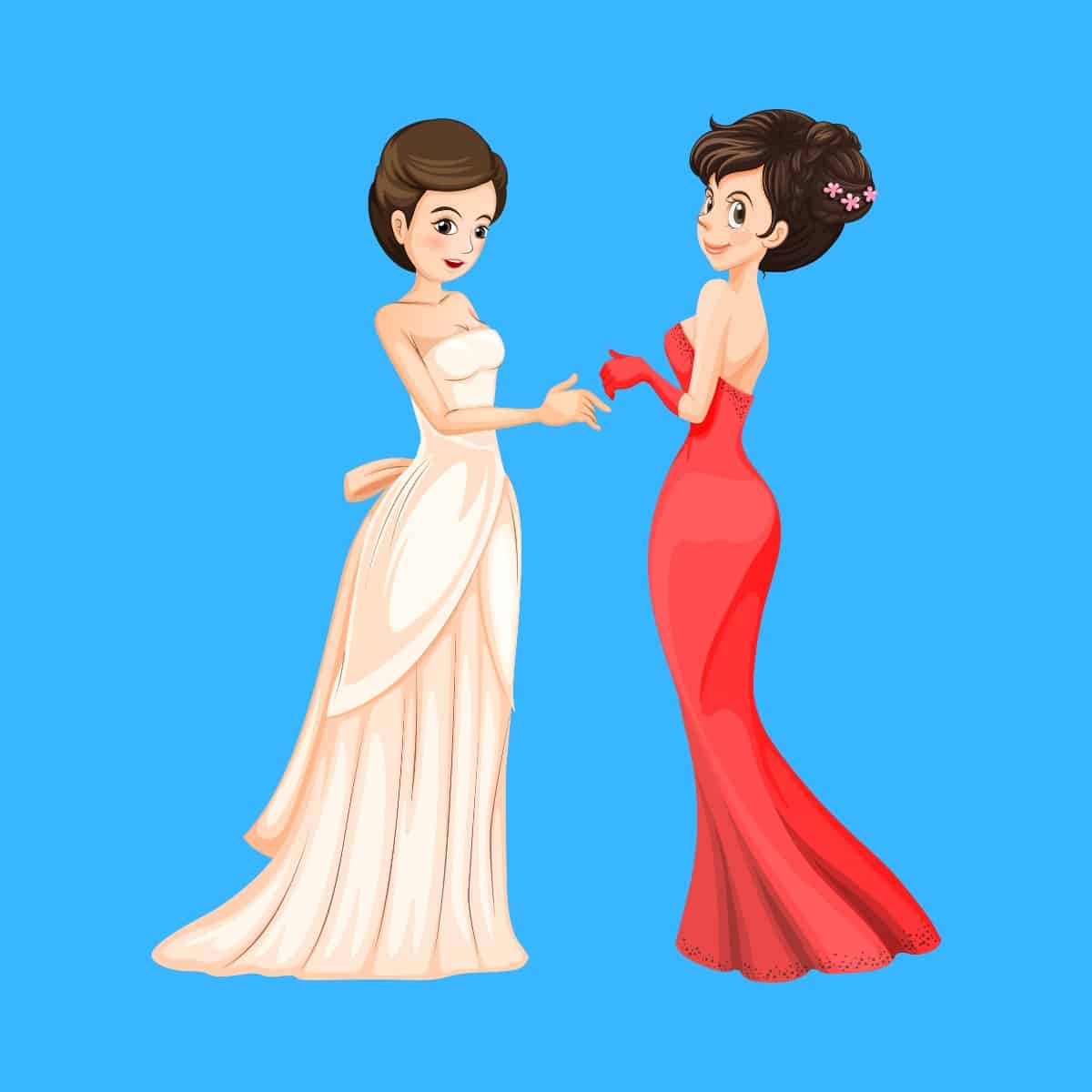 Cartoon graphic of two beautiful women in full length dresses on a blue background.
