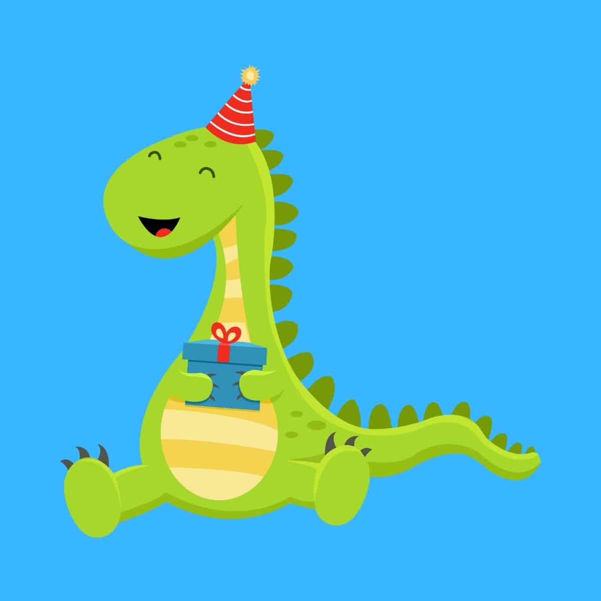 Cartoon graphic of a dinosaur holding its birthday present and sitting and smiling on a blue background.