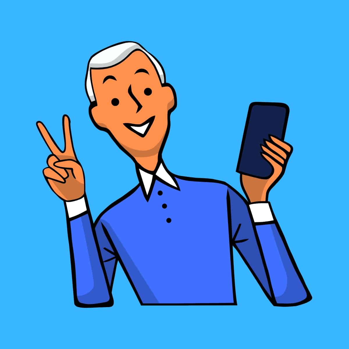 Cartoon graphic of a boomer doing the peace sign holding a phone on a blue background.