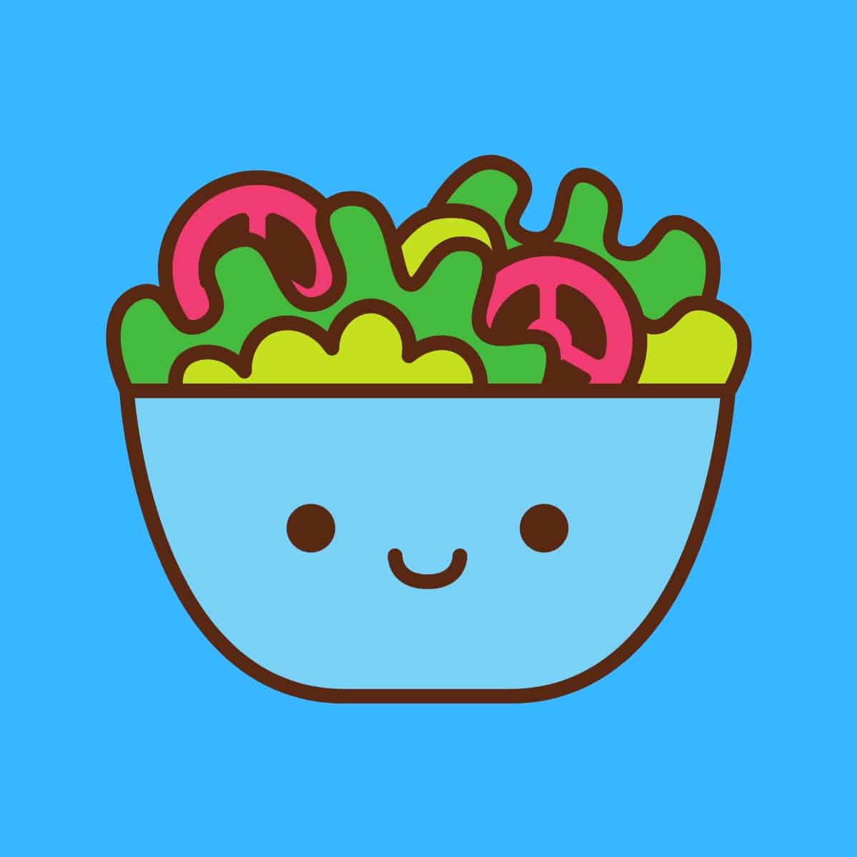 Cartoon graphic of a smiling bowl with salad in it on a blue background.