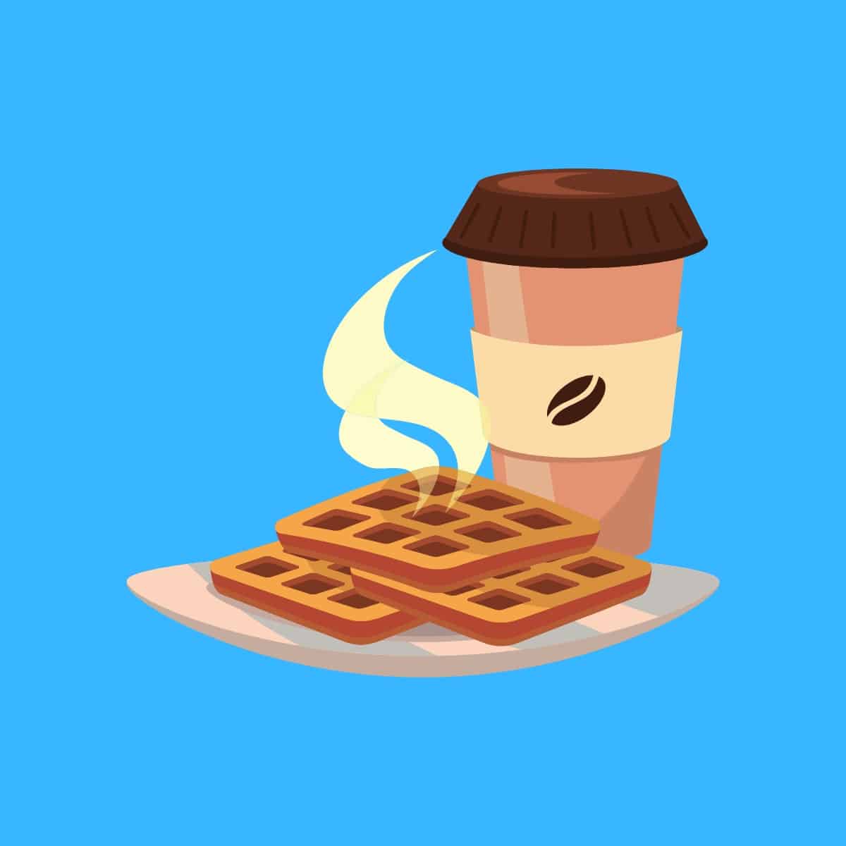 Cartoon graphic of a coffee cup with 3 brunch waffles on a blue background.