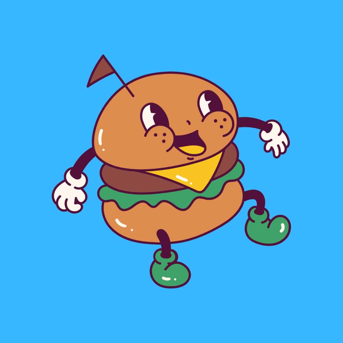 Cartoon graphic of a silly burger laughing with arms and legs on a blue background.