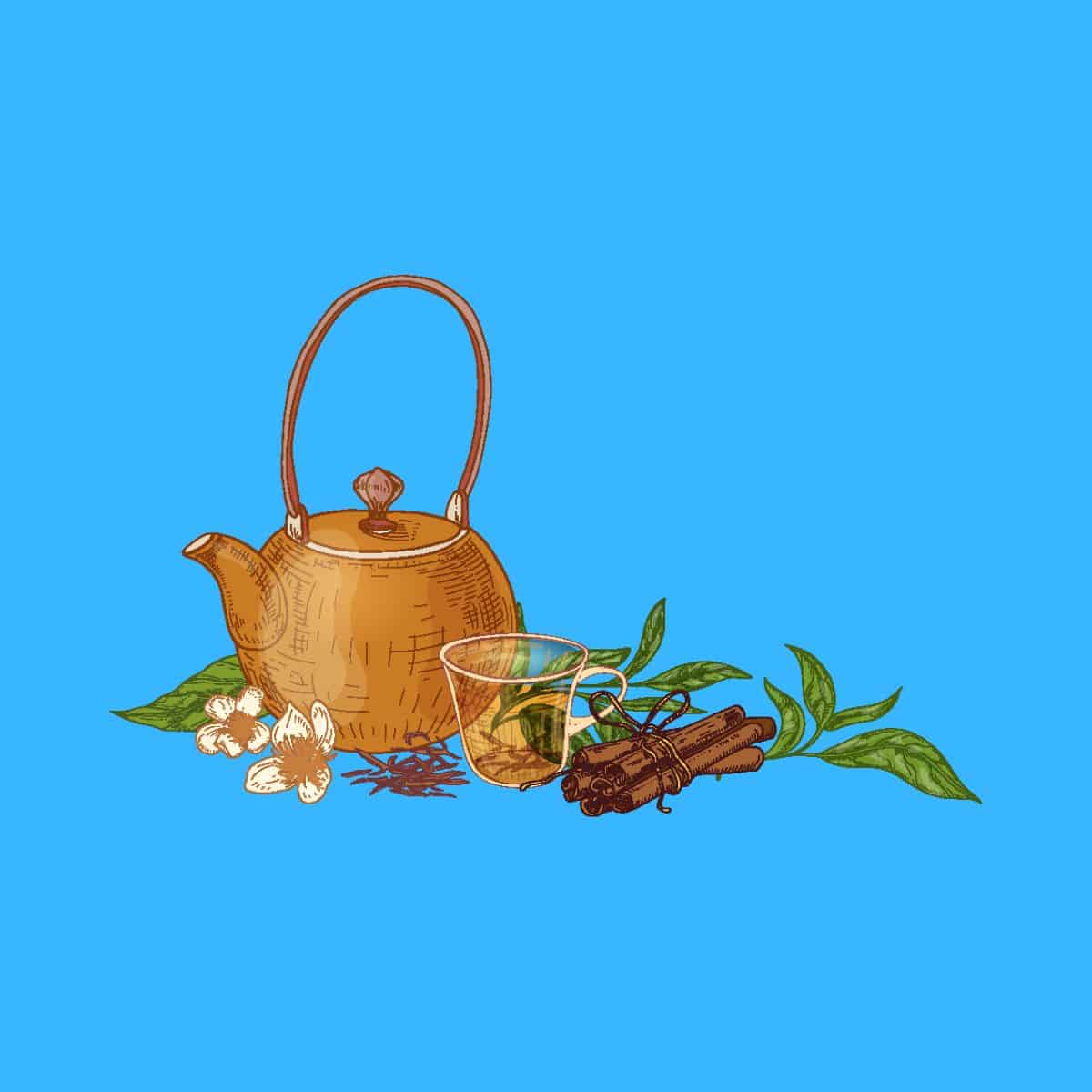 Cartoon graphic of a teapot next to some cinnamon sticks on a blue background.