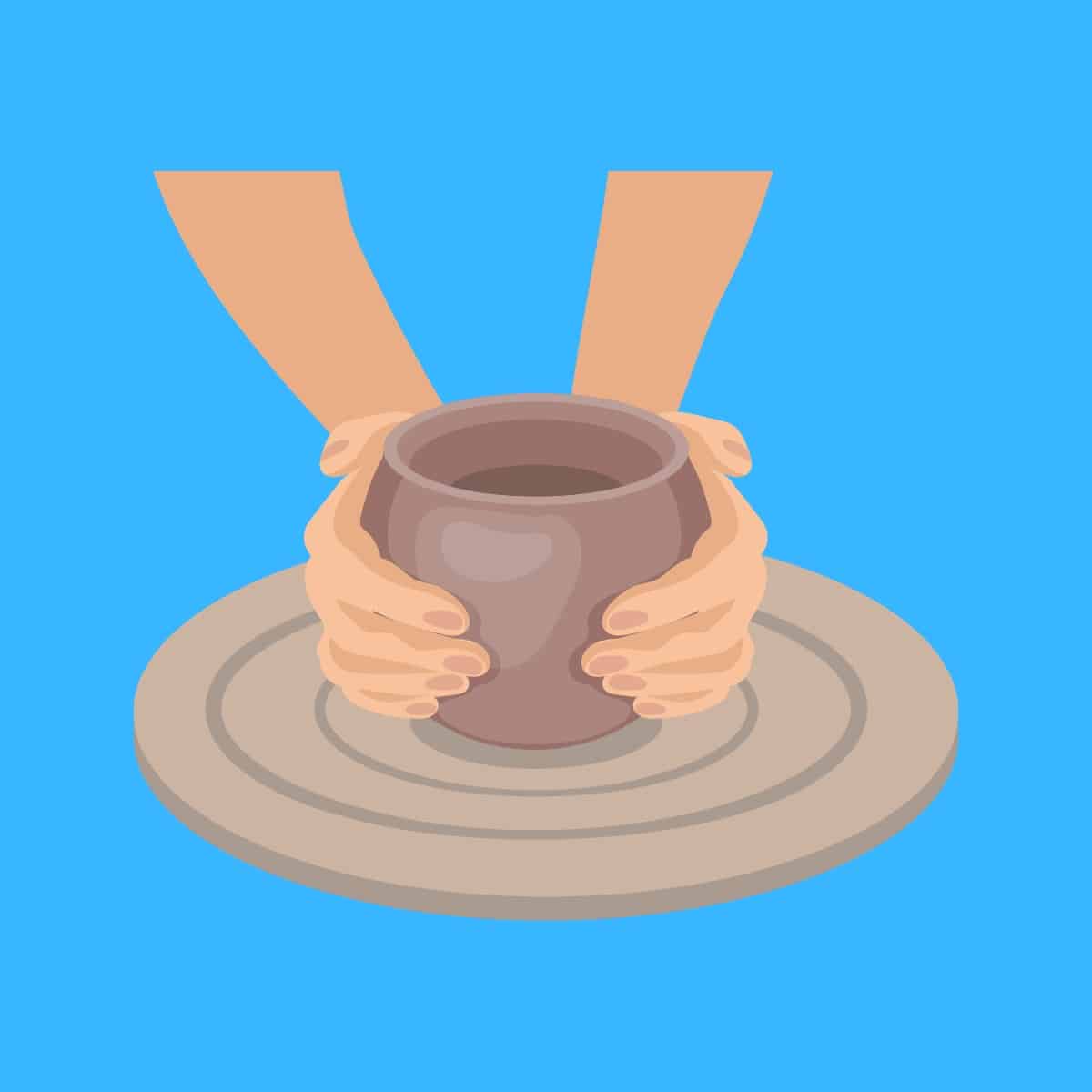 Cartoon graphic of two hands making a clay pot on a round table on a blue background.