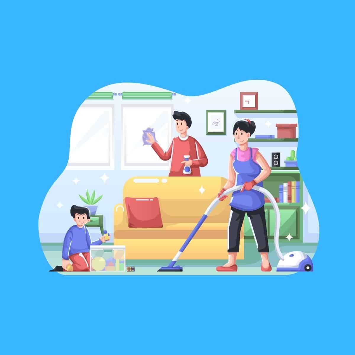 Cartoon graphic of parents and their kids cleaning the inside of their home on a blue background.