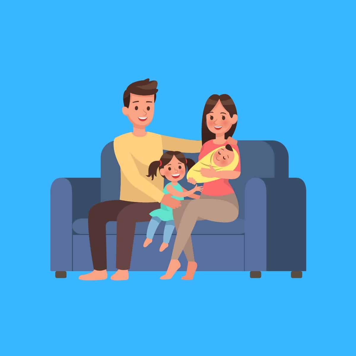 Cartoon graphic of a lovely family sitting on a couch on a blue background.