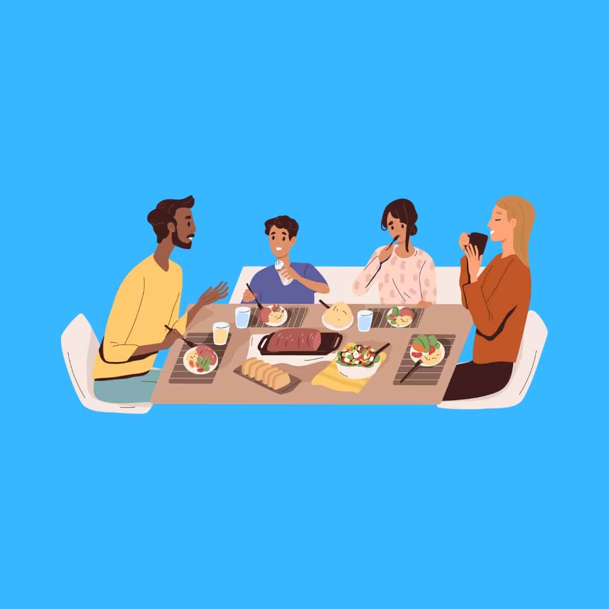 Cartoon graphic of a group of 4 adults eating dinner togther on a blue background.
