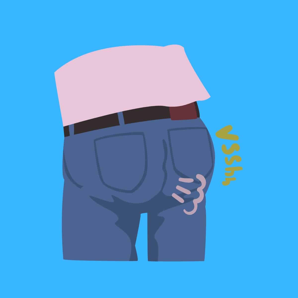 Cartoon graphic of a person's bum in jeans with a fart symbol coming out on a blue background.