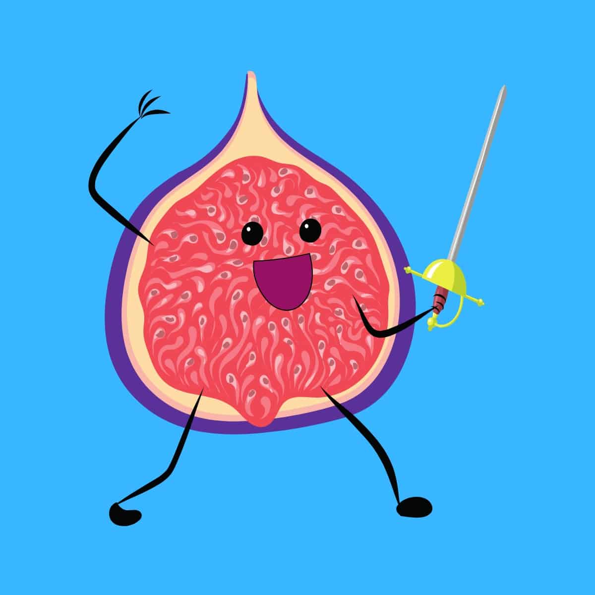 Cartoon graphic of a fig holding a sword and smiling on a blue background.