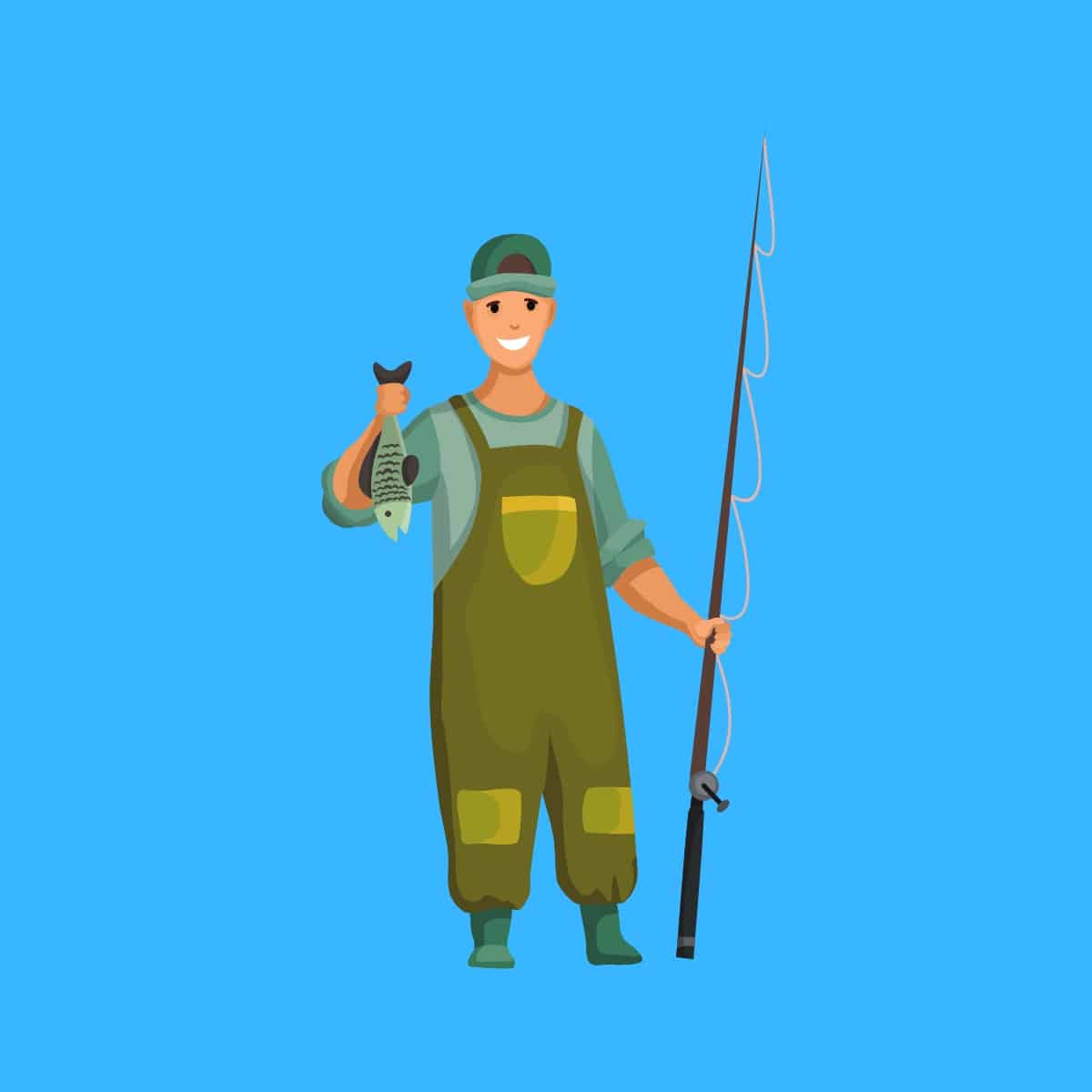 Cartoon graphic of a man in waders holding a fishing rod and a fish he caught on a blue background.