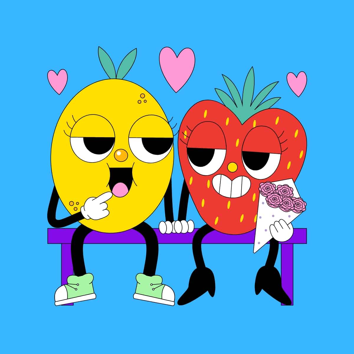 Cartoon graphic of two fruit flirting with each other on a bench seat on a blue background.