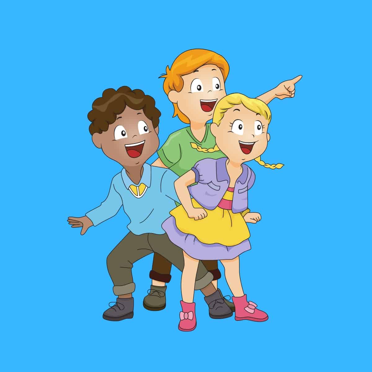 Cartoon graphic of a boy pointing something out two his two friends on a blue background.