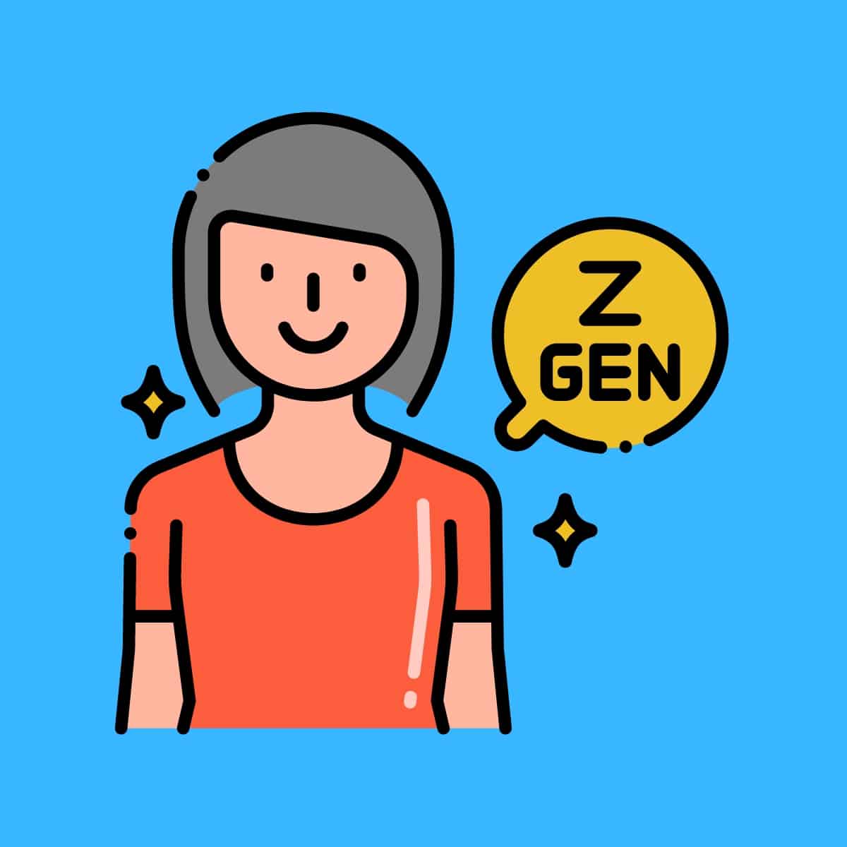 Cartoon graphic of a girl and the words Gen Z in a bubble next to her on a blue background.