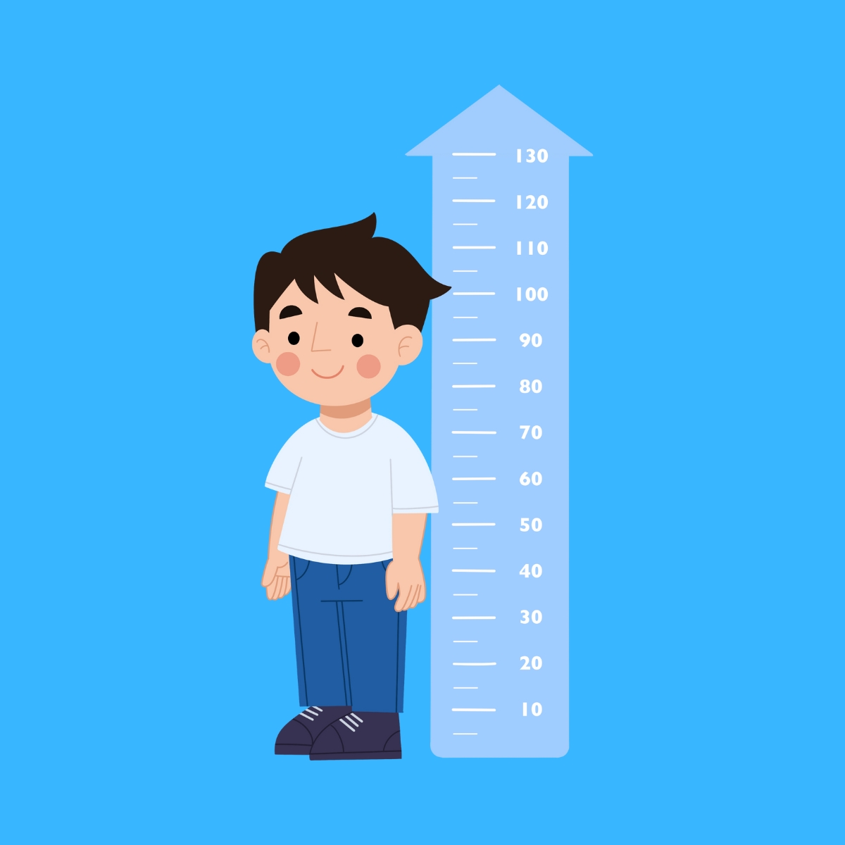 Cartoon graphic of a boy standing next to a large rule to measure his height on a blue background.