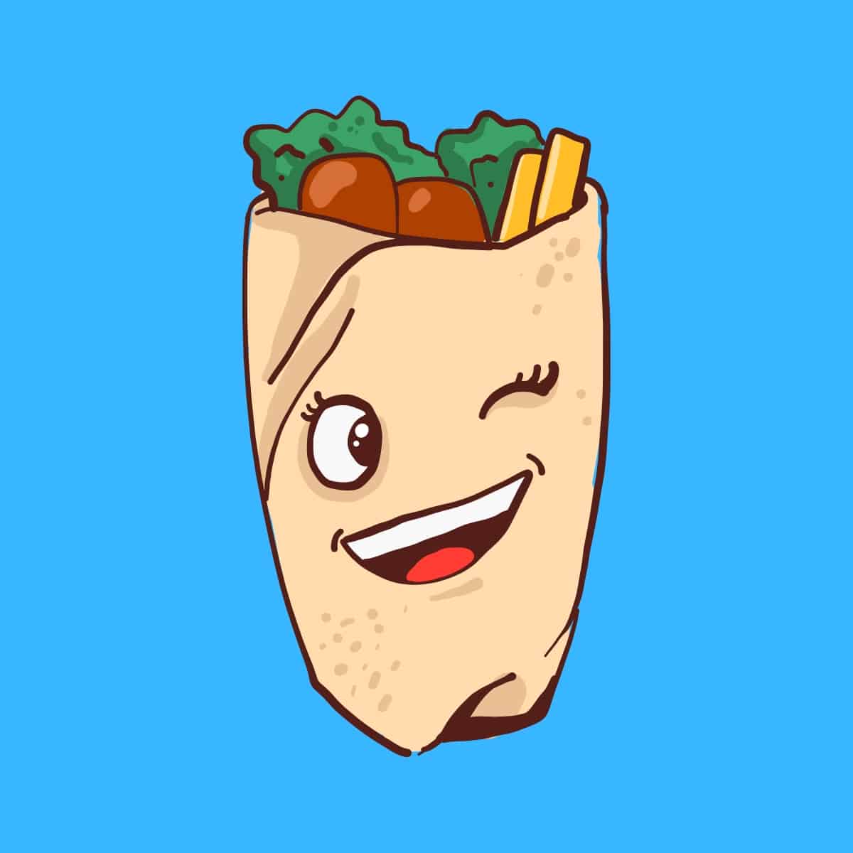 Cartoon graphic of a winking kebab on a blue background.