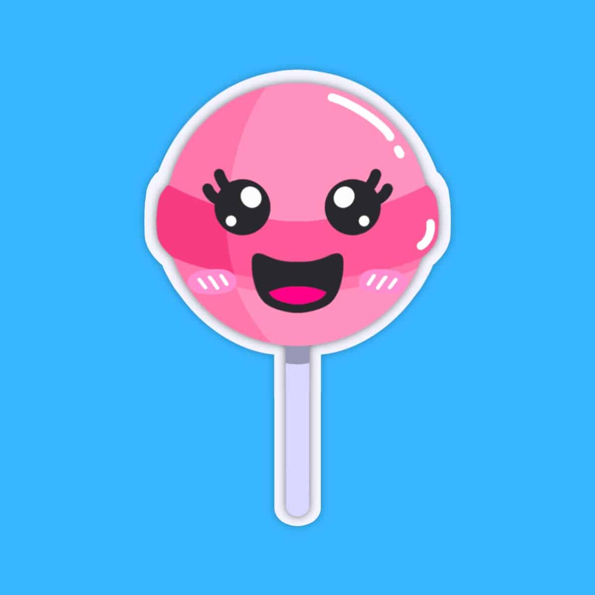 Cartoon graphic of a pink lollipop with a smiling face on a blue background.